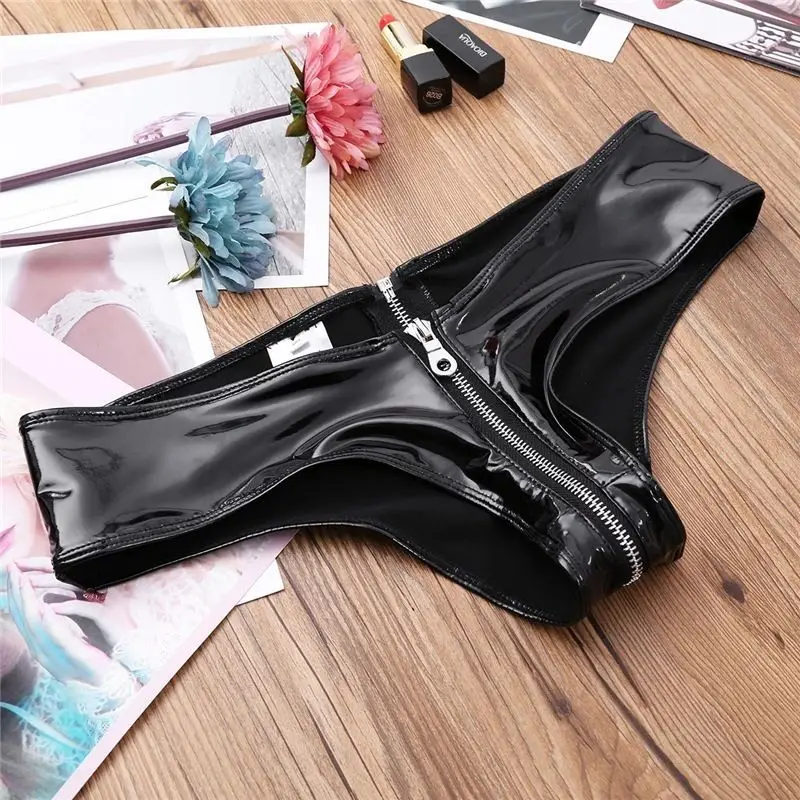 

New Women's Pvc Mirror Lacquered Leather Sexy Zipper Bright Split Thong Mini Shorts Pole Dance