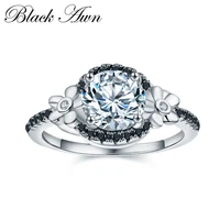 black awn flower silver color jewelry black spinel wedding rings for women engagement ring round femme bague c006