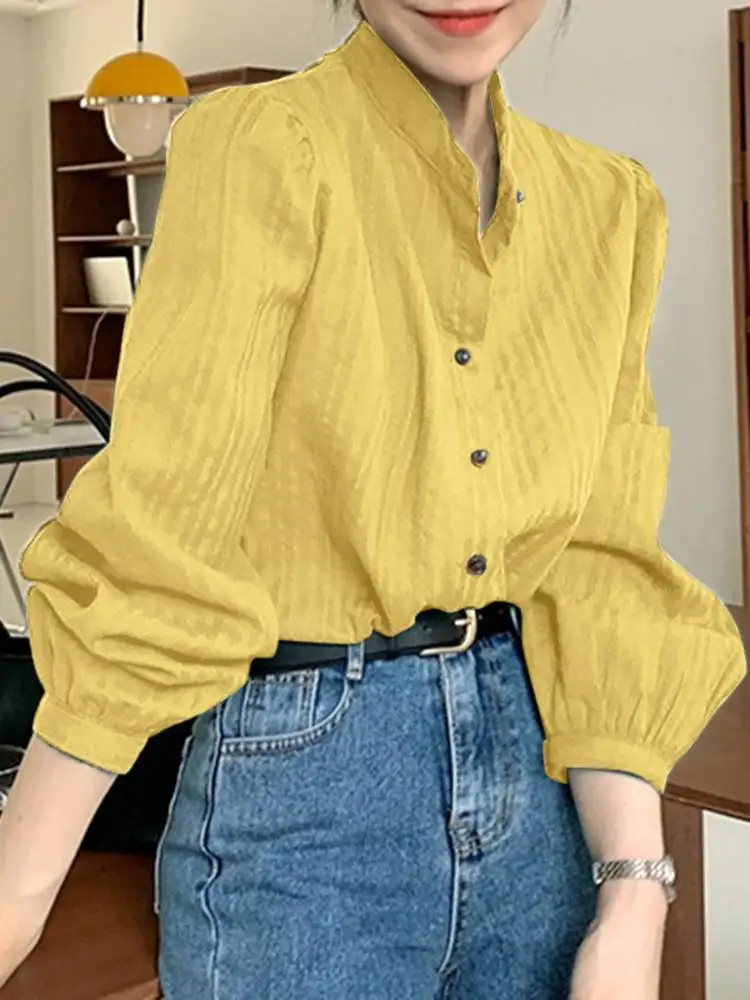 

Elegant Puff Sleeve Shirts Women Office Blouse VONDA 2022 Female Casual Tops Solid Color Blouse Solid Color Blusas Femininas
