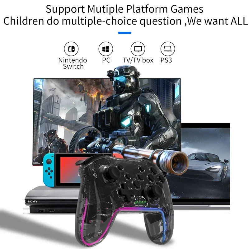 Фото GAMINJA RGB Light Беспроводной геймпад Bluetooth Игровой контроллер для коммутатора/ПК PS3 Двойные джойстики 6-осевой гироскоп Двойная вибрация №2