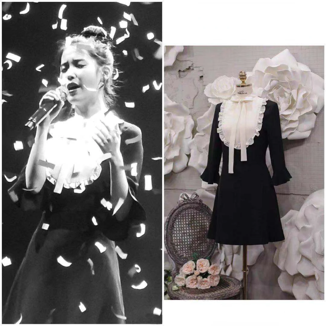 Kpop IU Lee Ji En Women Flare Sleeve Ruffles Mini Dresses Elegant Black White Patchwork Lace Party Dress Lady Sweet Summer Dress