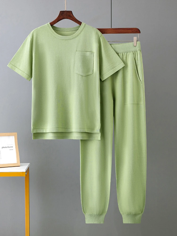 2024 Summer New European American Haren Pants Short Sleeved Solid Color Women's Two Pieces Set Plus Size Casual Fashion