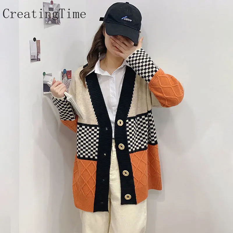 

Wild Loose Checkerboard Stitching Вязаные свитера 2022 Осень Зима Женские винтажные кардиганы с v-образным вырезом и длинным рукавом Куртки LH789