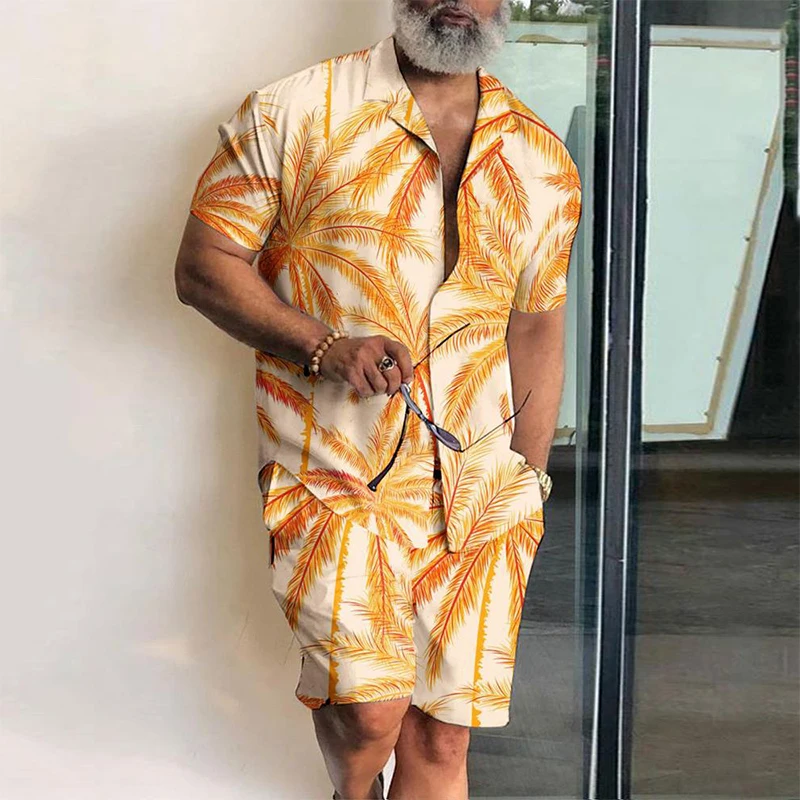 

New Style Summer Hawaiian Printed Men Print Suit Fashion Lapel Shirt Shorts 2Piece Set 2023 Casual Loose Man Beach Outfit Clothe