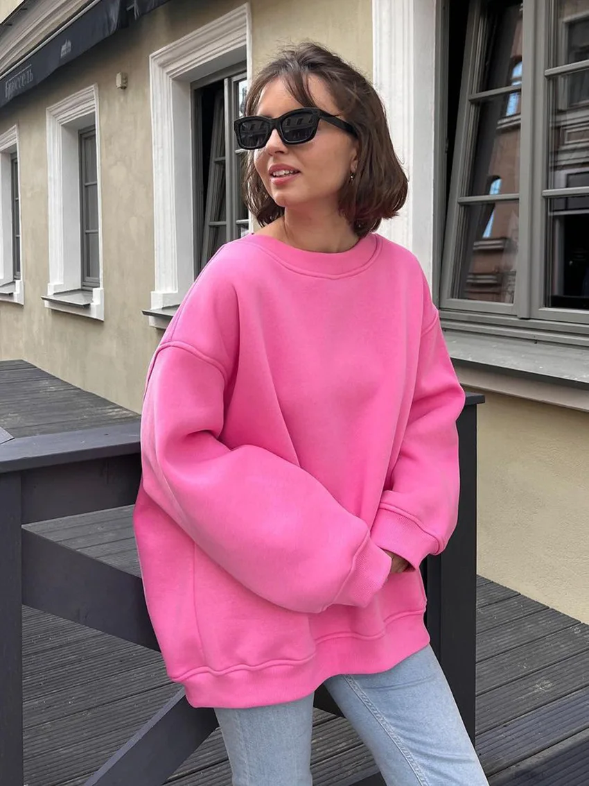 

MDUG round neck loose hoodie for women 2023 autumn/winter street solid color Oversize fleece pullover hoodie