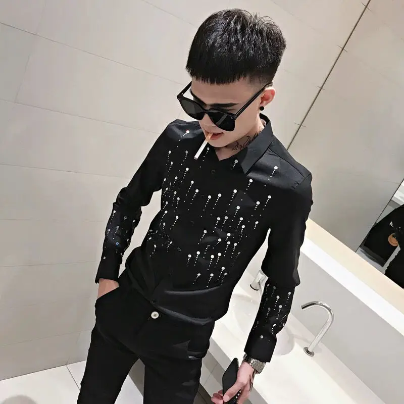 Men's shirt spring and autumn long sleeve slim print shirt trend personality nightclub stylist fashion clothing