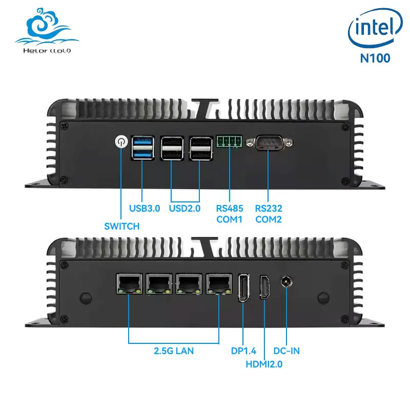 Промышленный мини-ПК Helorpc с поддержкой Inter N100 WIN10 LINUX RS232 RS485 4x2 5G LAN 1xHDMI2.0 6xUSB