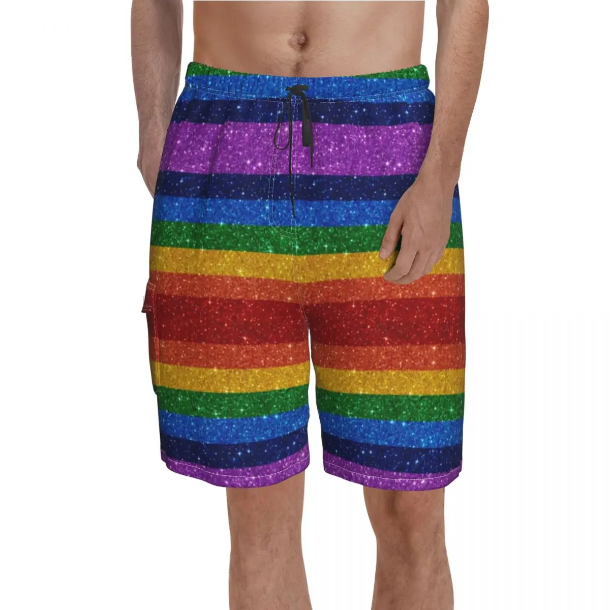 

Bling Me Up Rainbow Board Shorts Striped Pop Art Glitter Men Comfortable Beach Short Pants High Quality Design Plus Size Trunks