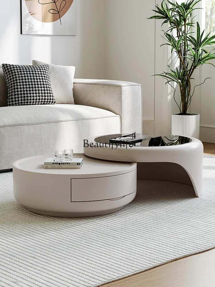 Круглый журнальный столик современный простой из закаленного стекла кремовый