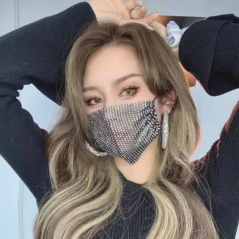 Фото Женская сексуальная блестящая маска со стразами, декор для лица, ювелирные изделия, блестящие эластичные модные ювелирные маски, бандана, клубная вечеринка, косплей маска №1