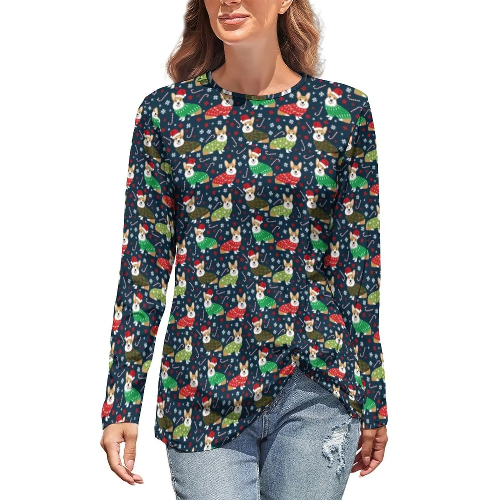 

Corgi Christmas Sweaters T-Shirt Dog Pattern Cute Long Sleeve T-Shirts Women Classic Tee Shirt Oversize Pattern Clothing