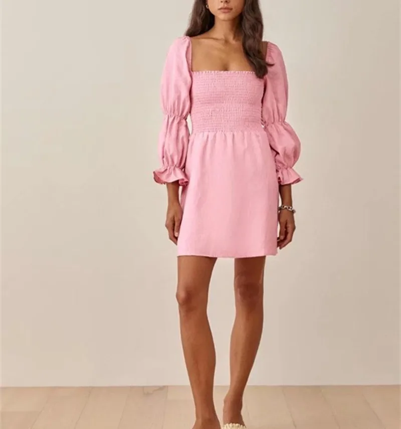 

Women Vintage Pink Smocked Square Neckline Half Puff Elastic Bust Causel Lady Short Dress