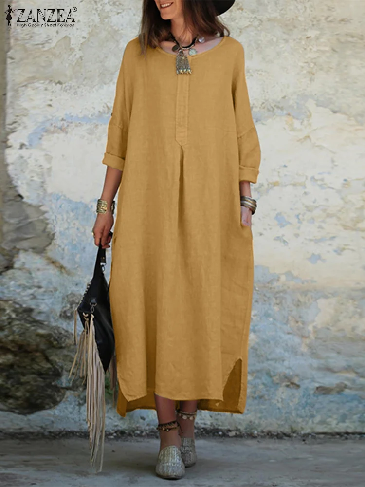 

Платье ZANZEA женское длинное с коротким рукавом, праздничный винтажный Свободный Повседневный Сарафан с круглым вырезом и разрезом, большие размеры, 2023