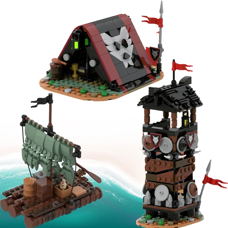 

MOC Medieval Soldier Tent Building Blocks Wolf Knight Sentinel Watchtower Figures Castle Pirate Ship Raft Mini Bricks Model Toys