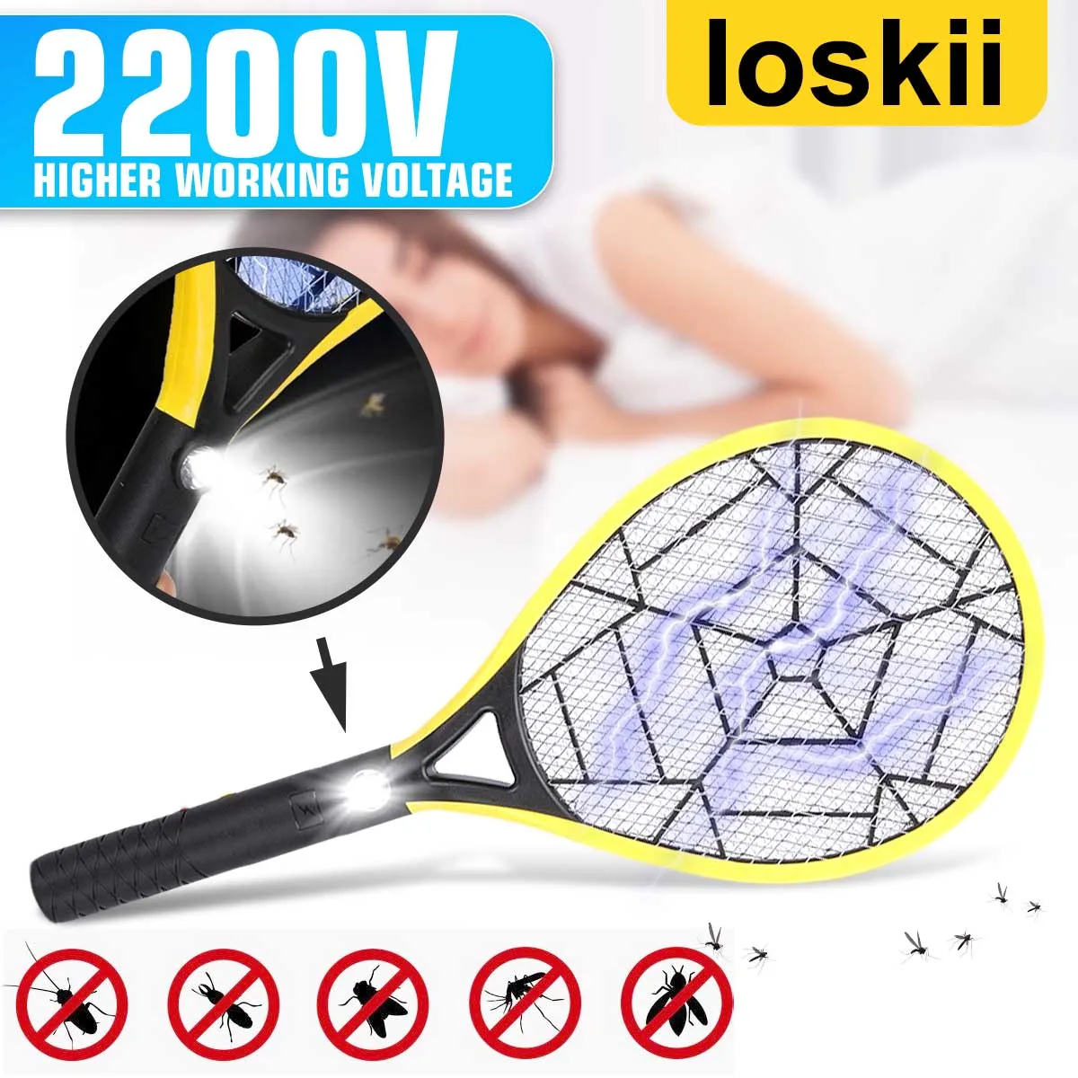 Electric Mosquito Swatter Racket Killer Fly Insect Zapper Bat Handheld Cordless Portable Control For Bedroom Insects US Plug