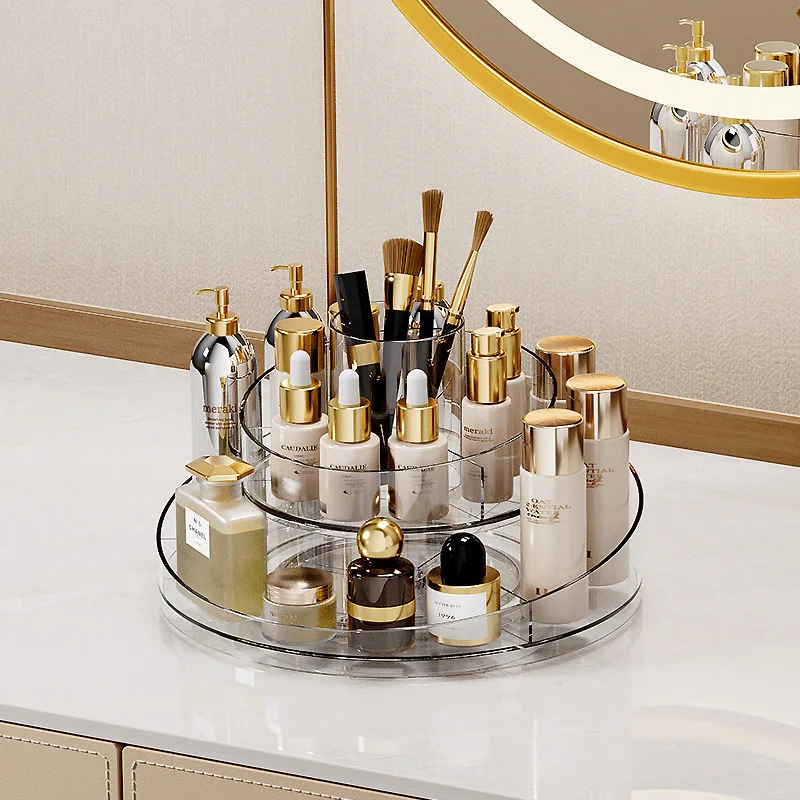 

Cosmetic organizer rotates 360 degrees on desktop dresser bathroom lipstick and skin care products shelf makeup box