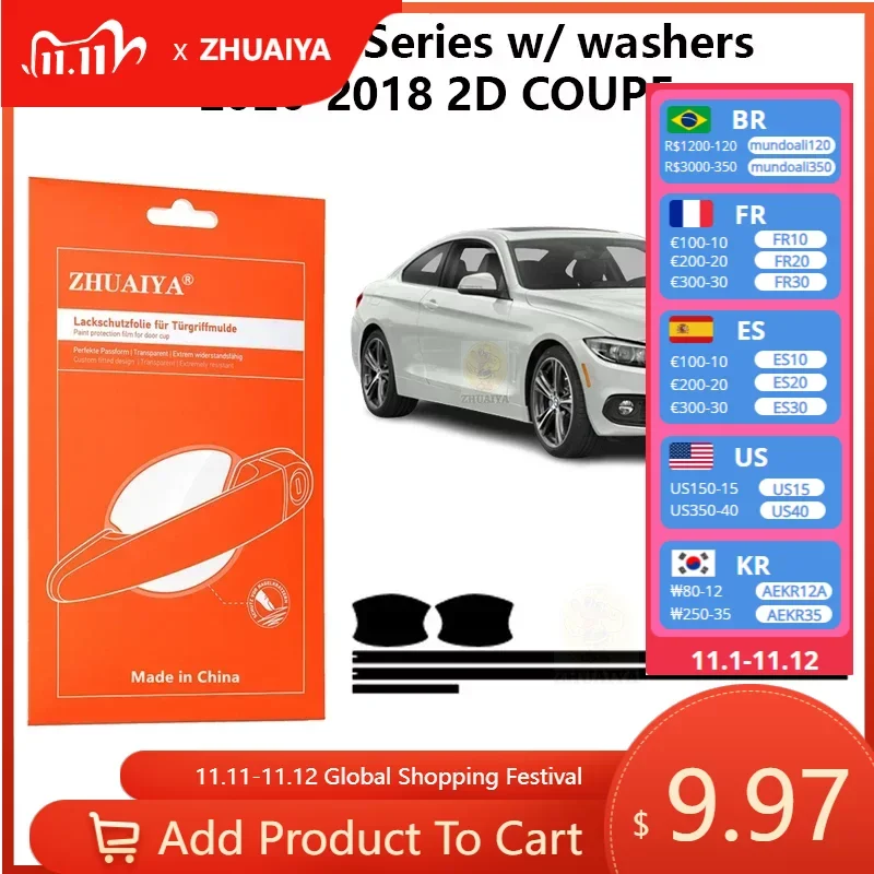 

Защитная пленка ZHUAIYA для красок дверных ручек, защитная пленка из ТПУ PPF для BMW 4 серии w/ washers2020-2018 2D COUPE