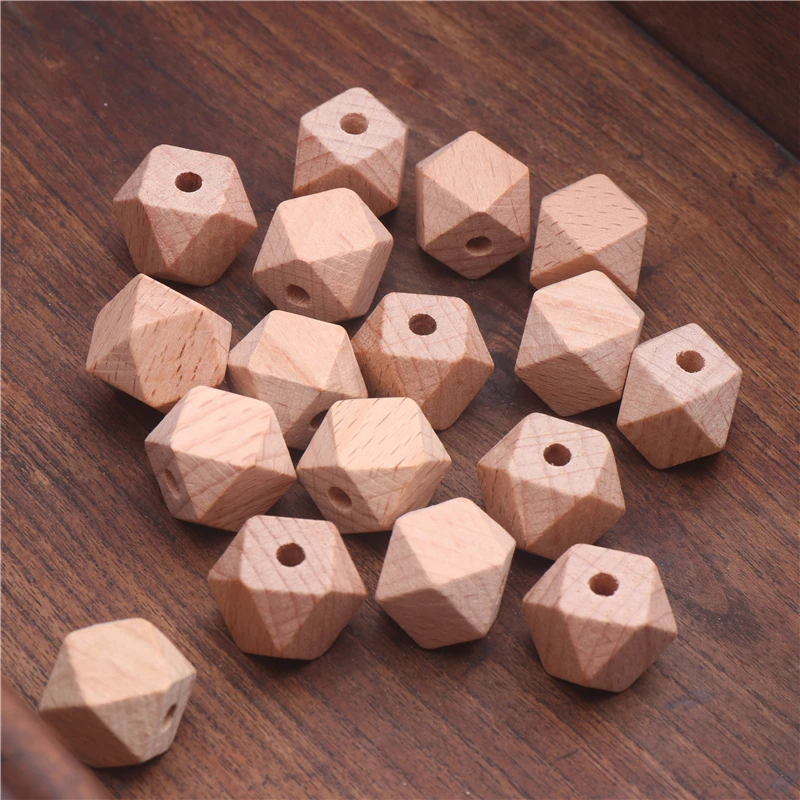 10-20mm Geometric Beech Wood Beads Faceted Hexagon Teether Chewable Spacer Wooden Beads for Baby Pacifier Chain Toys Accessories