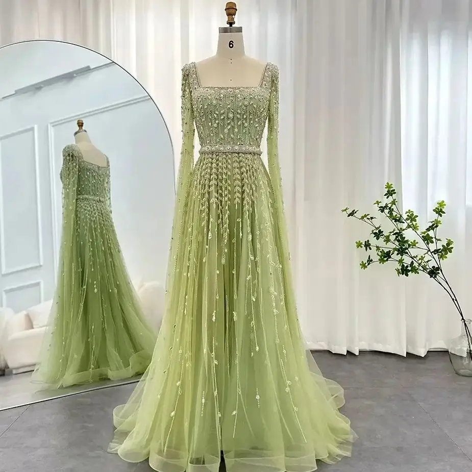 

Green Luxury Evening Dress Square Neckline Beadings Prom Dresses Floor Length Saudi Arabia Women's Formal Request Party Wedding
