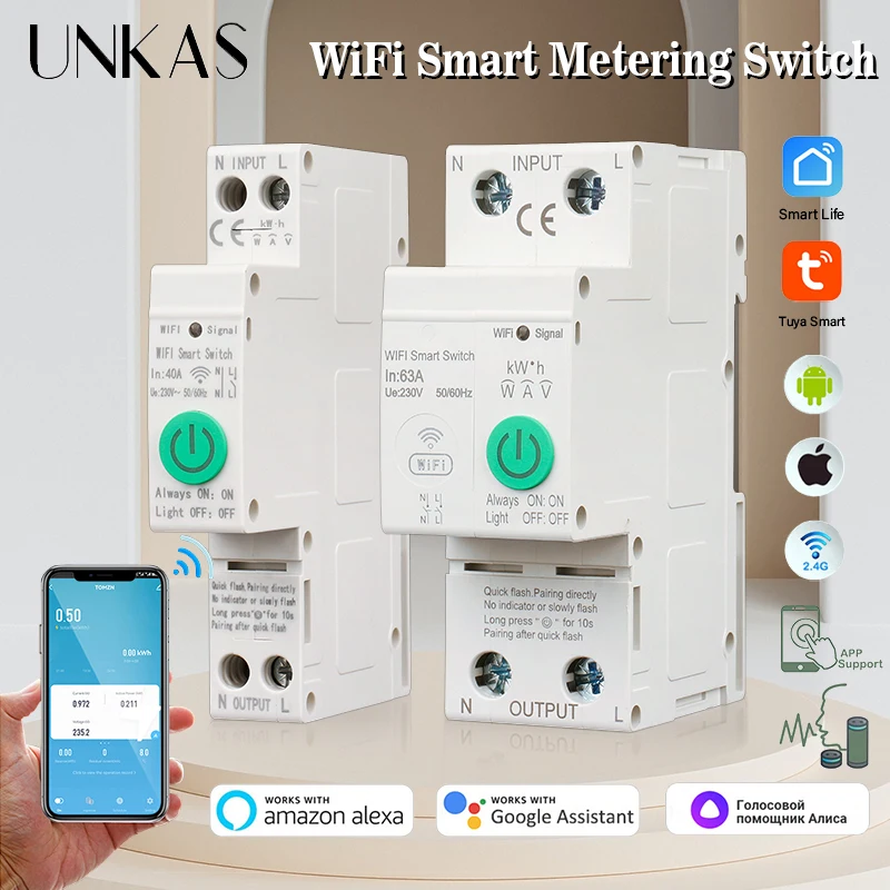 

UNKAS 18 мм 40A / 36 мм 63a WIFI умный измеритель энергии Таймер Мощность Tuya однофазный Din-рейка кВтч ваттметр монитор потребления