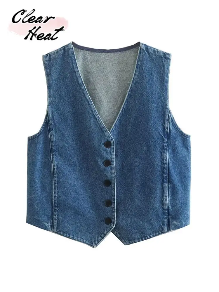 

Women Fashion Front Button Denim Waistcoat Vintage V Neck Sleeveless Female Outerwear Chic Vest Tops