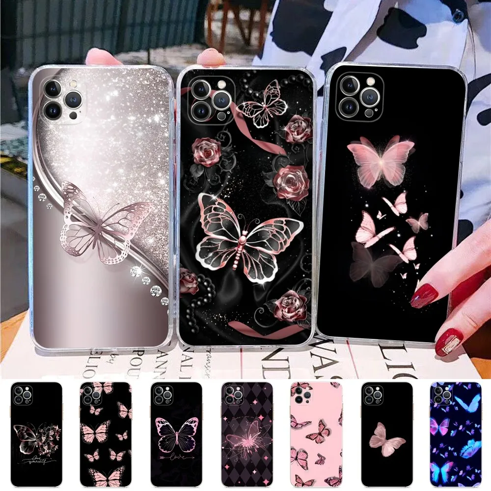 

Beauty Pink Butterfly Phone Case For iPhone 14 13 12 Mini 11 Pro XS Max X XR SE 6 7 8 Plus Soft Silicone Cover