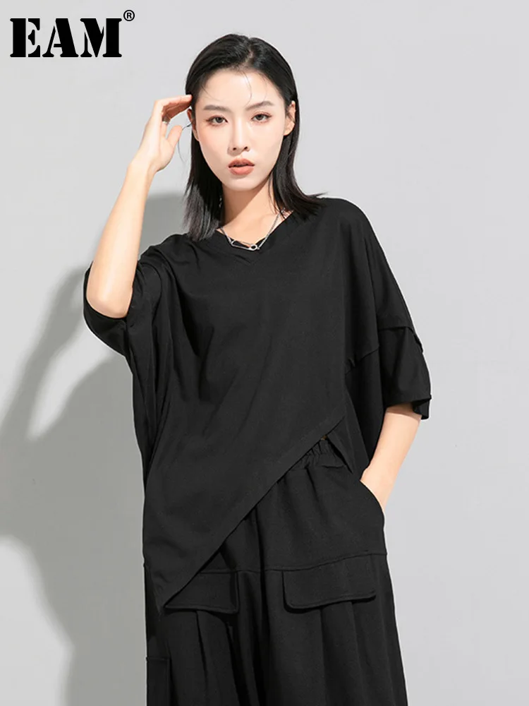 

[EAM] Women Black Irregular Big Size Casual T-shirt New V-Neck Half Batwing Sleeve Fashion Tide Spring Summer 2022 1DE7646