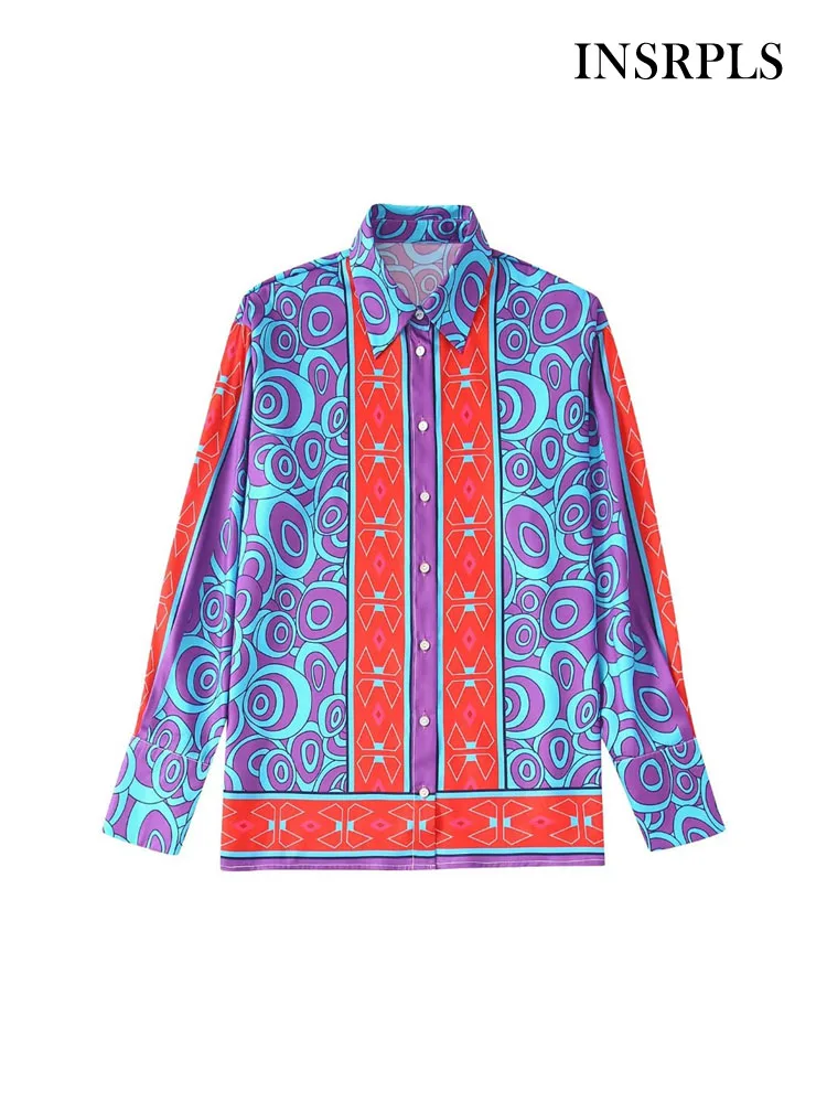 

INSRPLS Women Fashion Flowing Printed Loose Shirts Vintage Long Sleeve Button-up Female Blouses Blusas Chic Tops