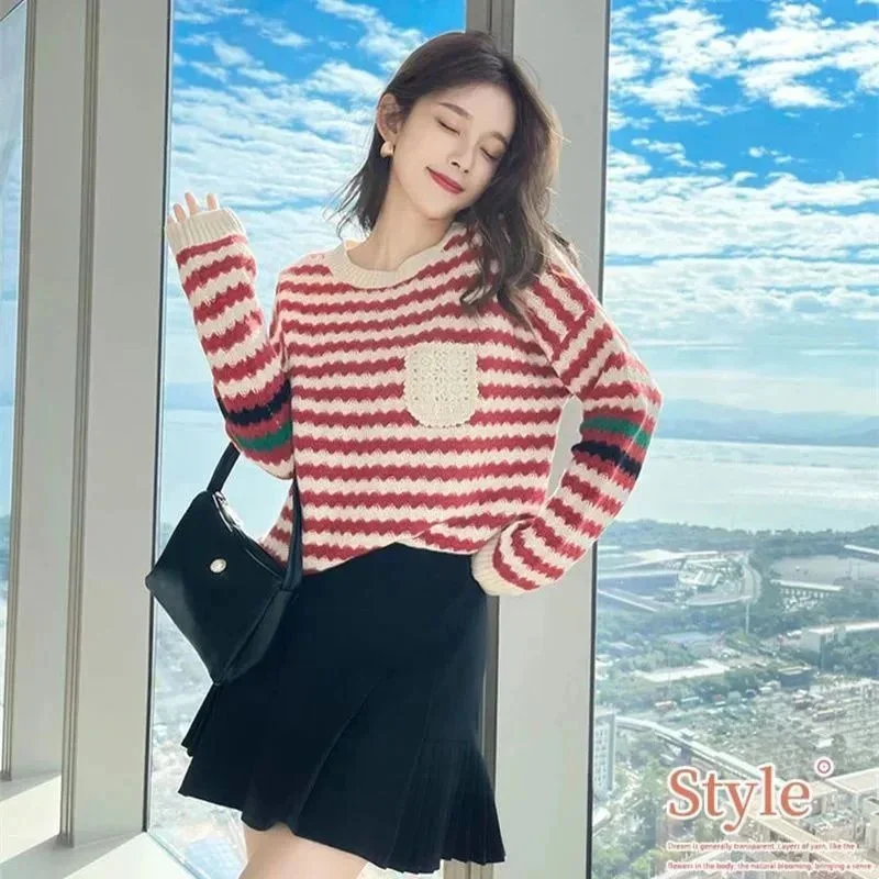 Осенний модный дизайнерский нишевый свитер Sense женский в полоску уличная одежда