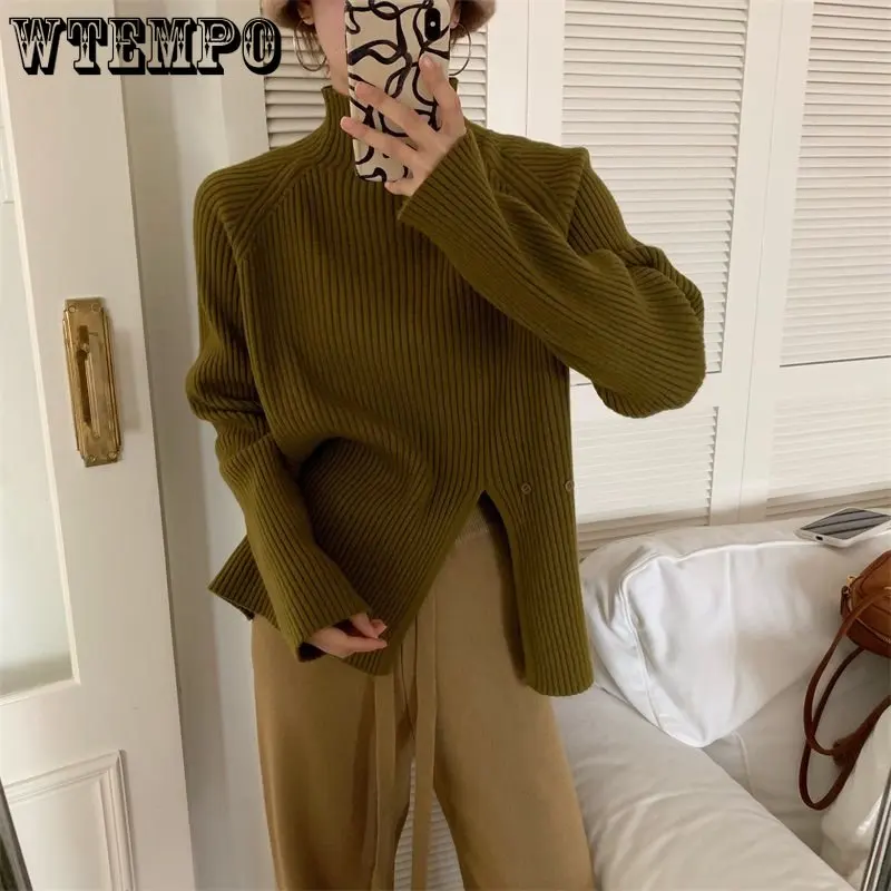 

WTEMPO Half Turtleneck Sweater Retro Style Slim Pullover Split Hem Diagonal Button Long Sleeved Knitwear Wnter Warm Solid Jumper