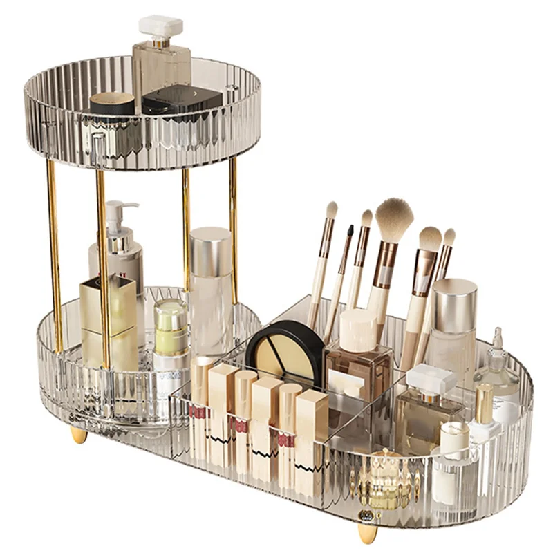 Фото ABGR-Skincare Cosmetics Вращающийся органайзер для макияжа для туалетного столика, 2-уровневый парфюм с держателями для кистей №1