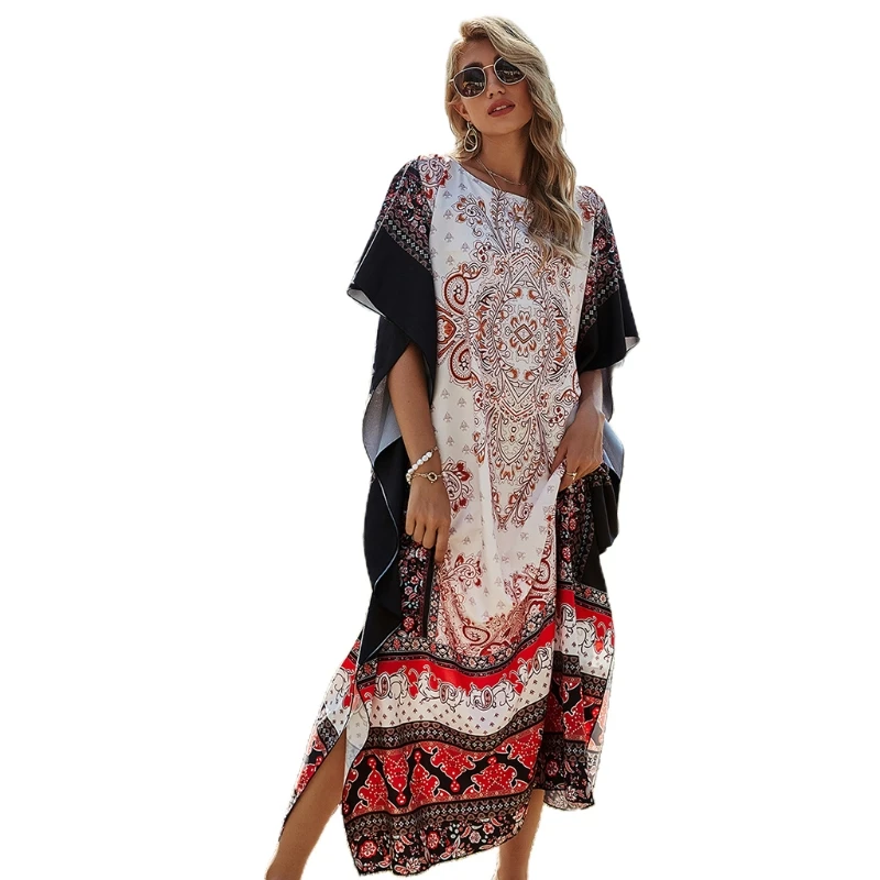 Женское богемное Платье-туника большого размера, макси-кафтан с цветочным принтом и листьями, длинное пляжное кимоно с круглым вырезом и ко...