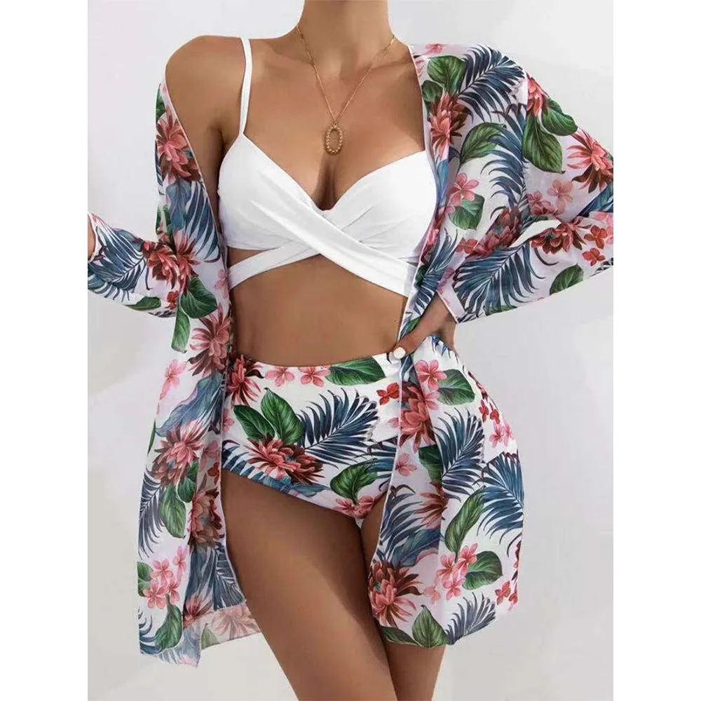

2022 Women Cover Up Sexy Bikini Printed Short Dress for Women Floral Beach Dress Bathing Suit Long Sleeve Tunic Beachwear