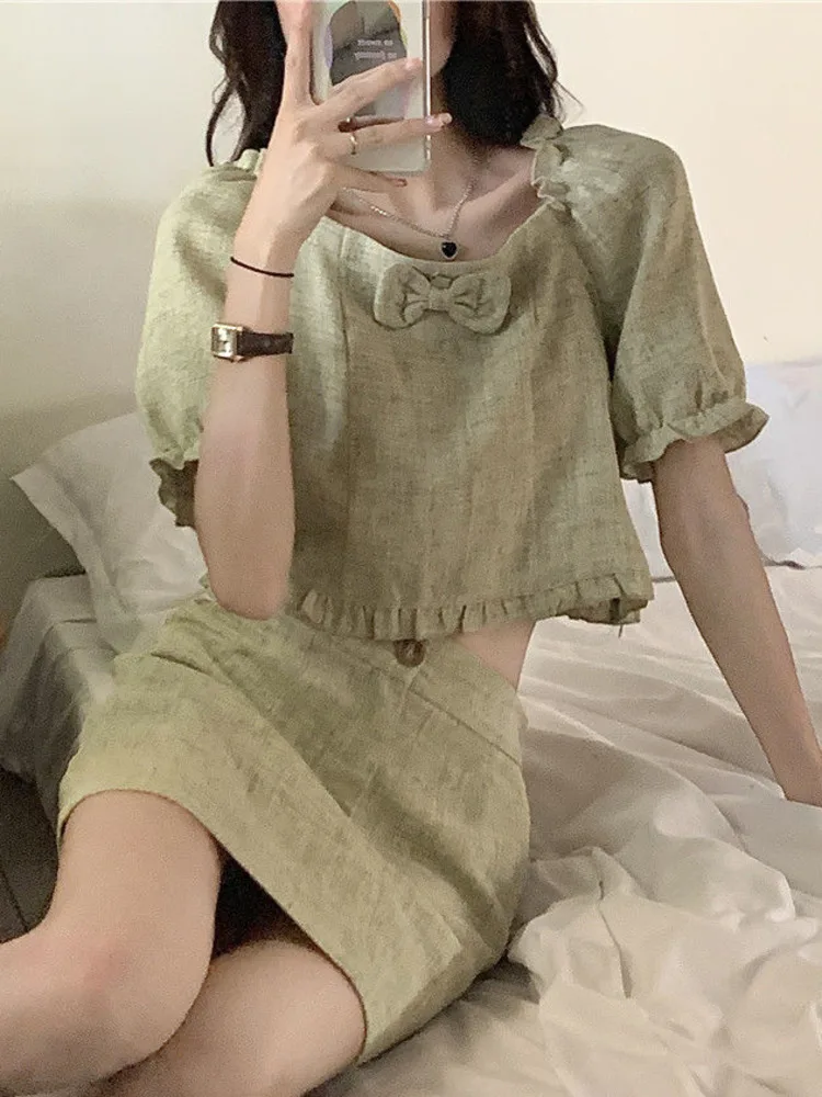 

2022 New Summer Fashion Small Fragrance Two Piece Set Women Shirt Blouse Crop Top + Mini Skirt Suits Korean Sweet 2 Piece Sets