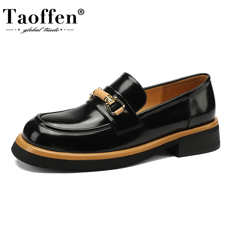 

Taoffen Women Penny Loafers Genuine Leather Metal Gold Chain Office Ladies Flat Shoes Casual Slip On Fashion Designer JK School
