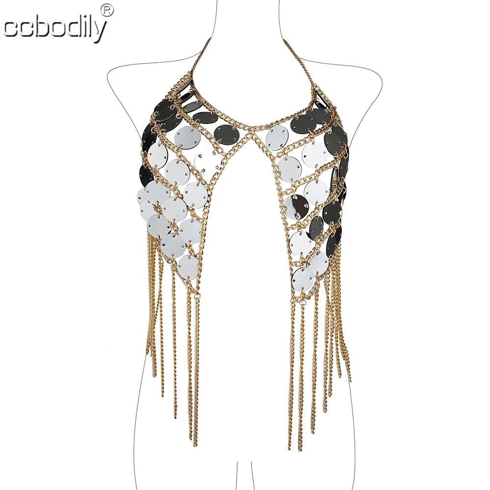 

Sexy Magnificent Metal Sequins Body Chain Tassel Harness Necklace Bra Chain Women Shiny Tops Chain Nightclub Party Body Jewelry