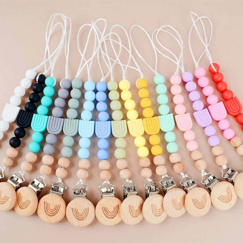 

Cute Silicone Beads Pacifier Clips Chain Wood Nipple Holder Teething Dummy Clips for Infant Toddler Shower Gift