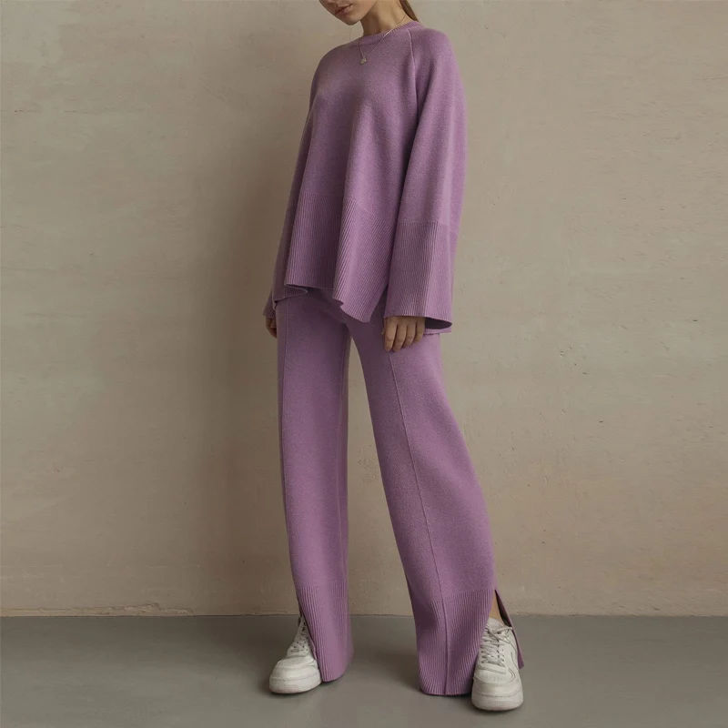 

Casual Knitted Loose Solid Ladies 2 Piece Sets Fashion Autumn Women O Neck Long Sleeve Sweater And High Waist Lace Up Pants Suit