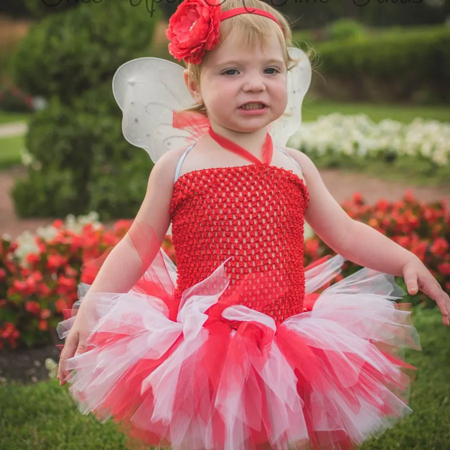 

Детское платье-пачка красного и белого цвета, Тюлевое платье для девочек с цветочным бантом на голову, костюм для новорожденных на день рожд...