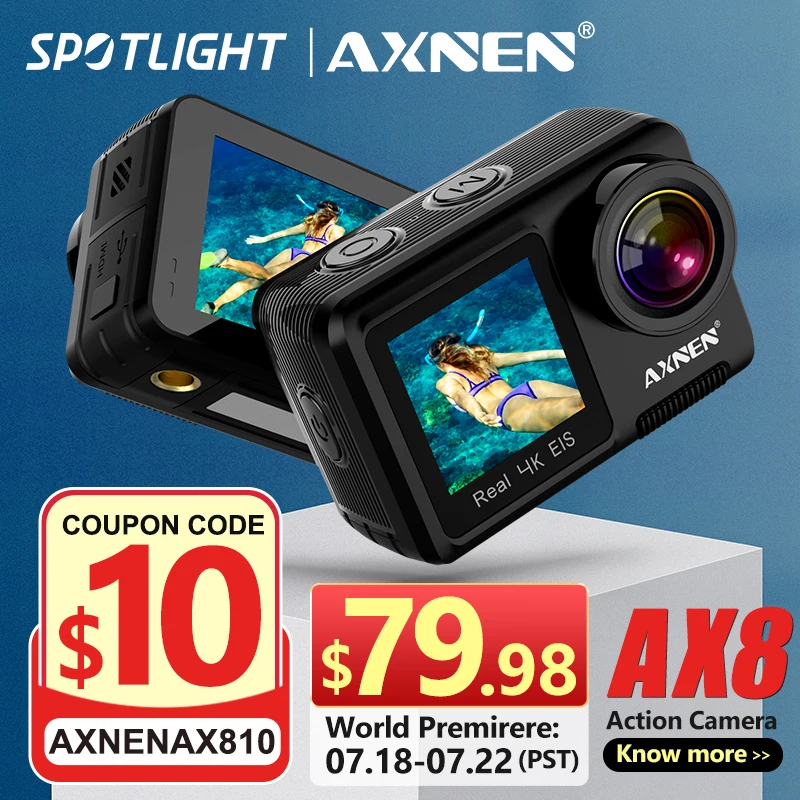  Экшн-камера AXNEN AX8, 4K, 60 кадров/с, EIS, видеозапись, 20 МП, Ultra HD, двойной дисплей, 2 дюйма, сенсорный экран, веб-камера, водонепроницаемая Спорт…
