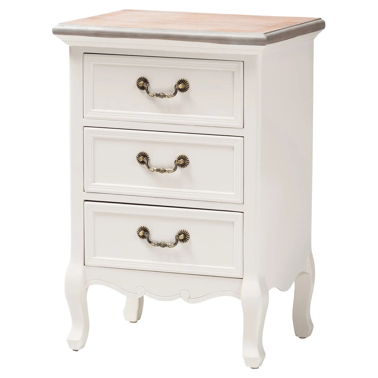 

Capucine Antique French Country Cottage Two Tone Natural Whitewashed Oak and White Finished Wood 3-Drawer End Table