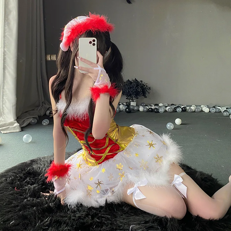 

Женский костюм для косплея Санта Клауса, милое красивое пушистое мини-платье, сексуальное женское белье, новый год 2023, форма кролика, девочк...