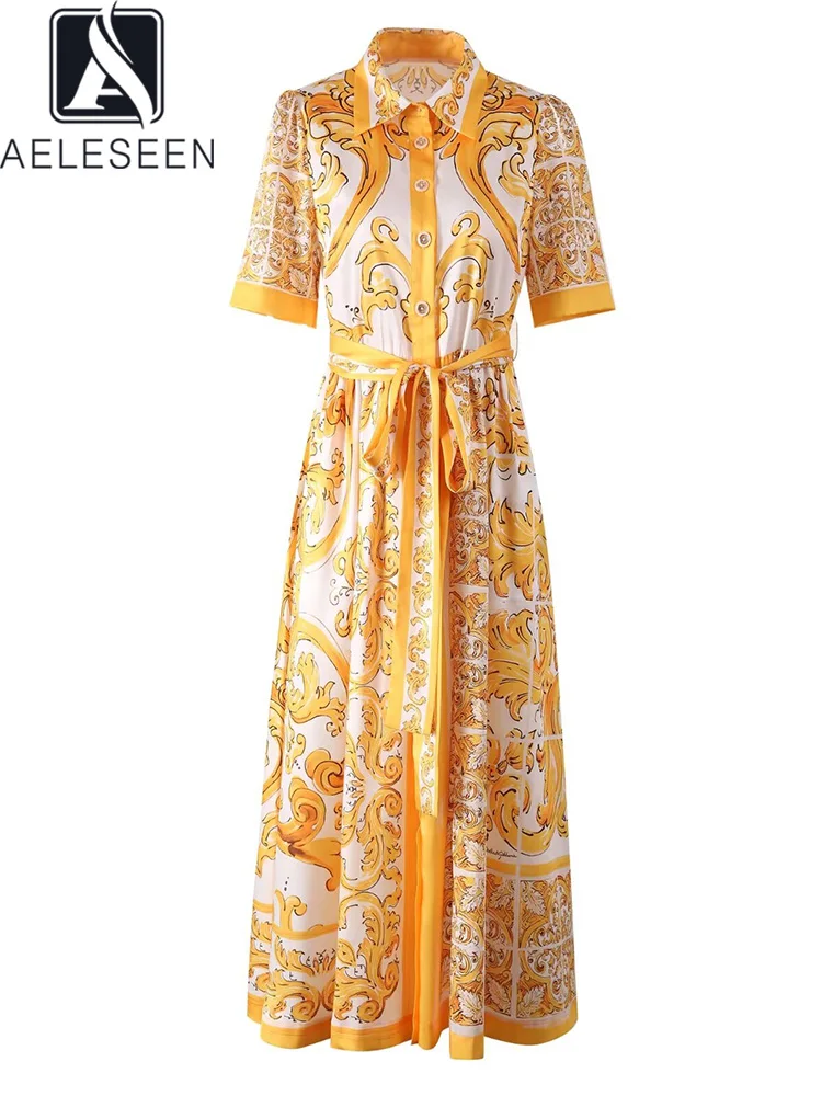 Женское Элегантное Длинное Платье AELESEEN лето 2024 туника с воротником и поясом