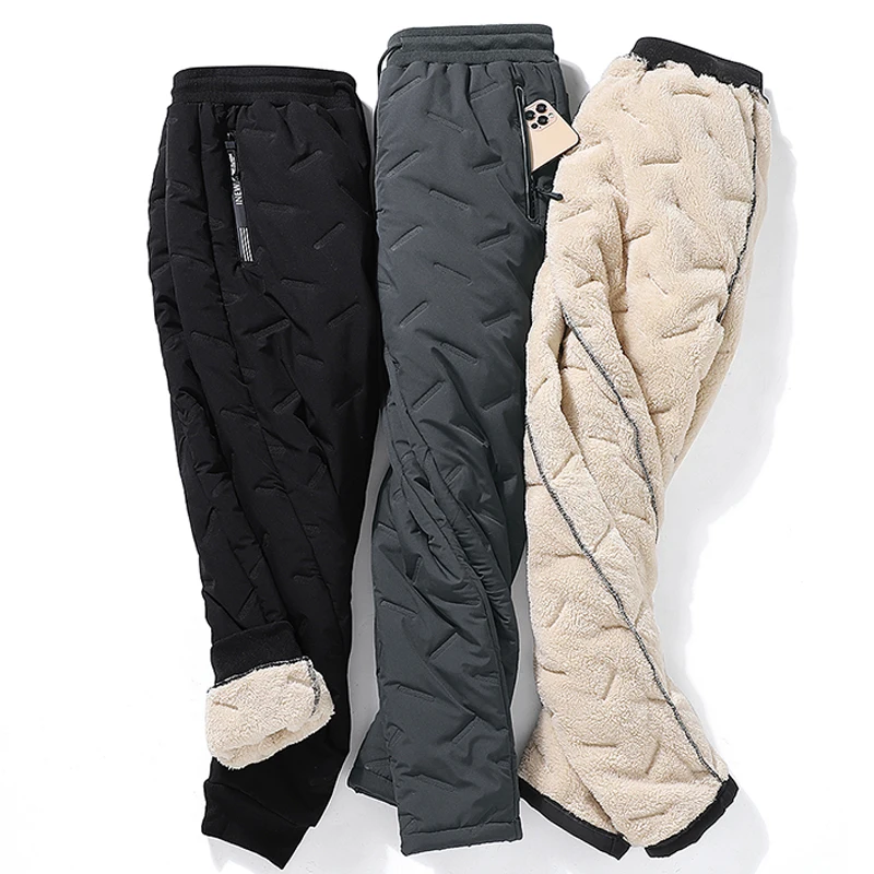 

New Thicken Trousers Casual Winter Warm Mens Fashion Sweatpants Zip Pockets Thicken Fleece Thermal Pants Male Water Proof Pants