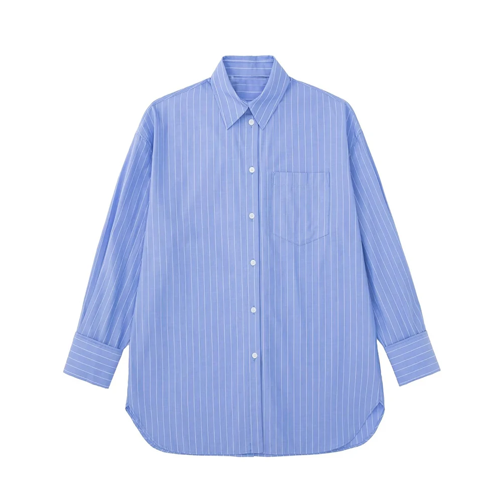 

2022 Autumn Women Fashion Striped Shirt Casual Loose Long Sleeve Single-breasted Lapel Female Mid-length Shirt Chic Top HH6972