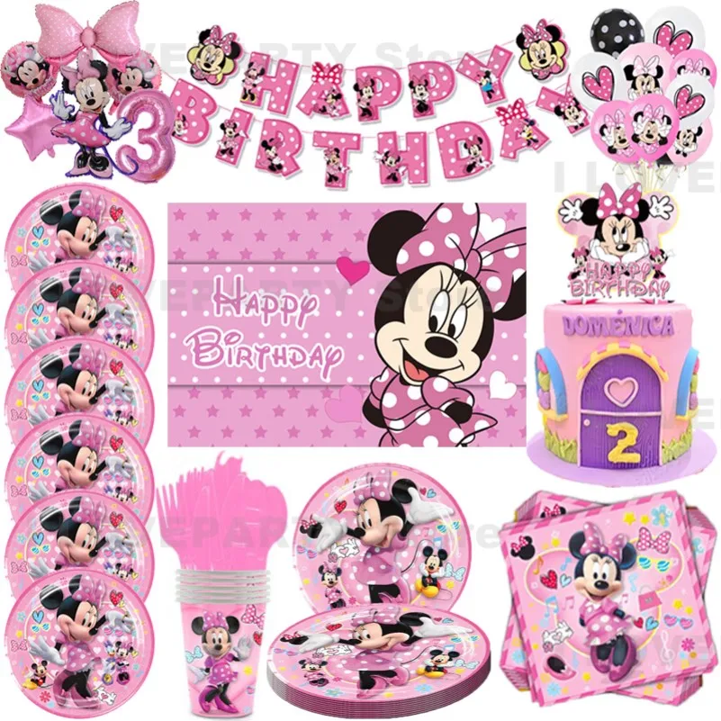 

Disney Pink Minnie Mouse Theme Birthday Party Supplies Cup Plate Kids Girl Birthday Party Decoration Disposable Tableware Set