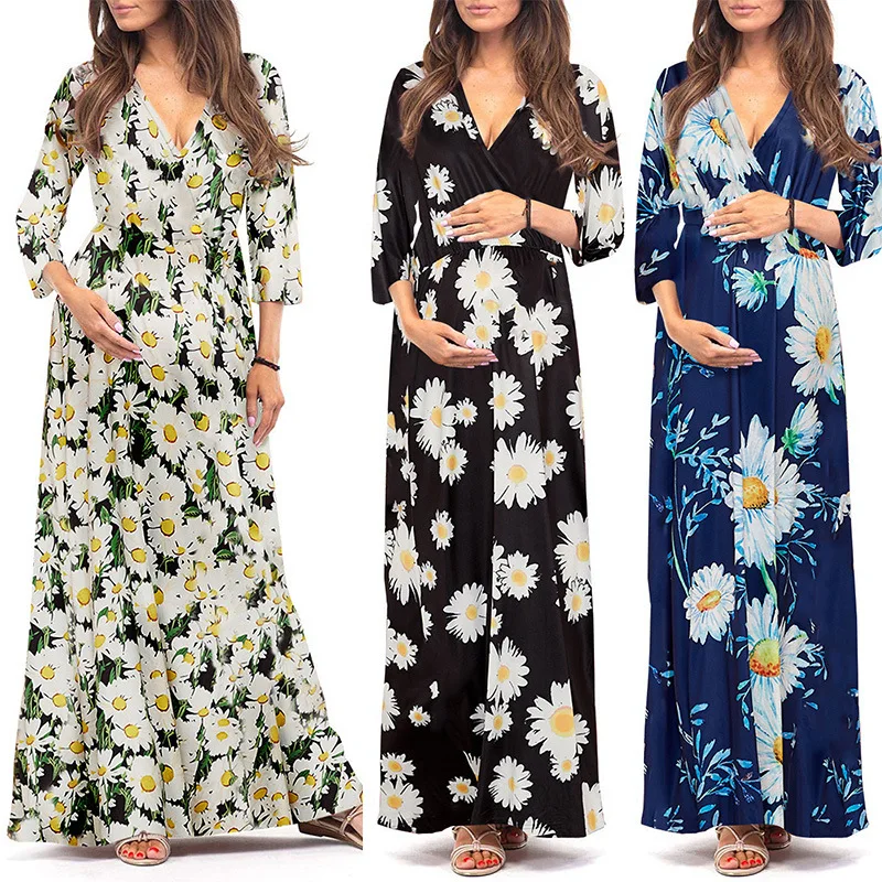 

Mother Dress Deep V-neck Maternity Flowers Dress Sexy Fashion Seven-quarter Sleeve Mopping Long Skirt Pregnant Photo Clothing