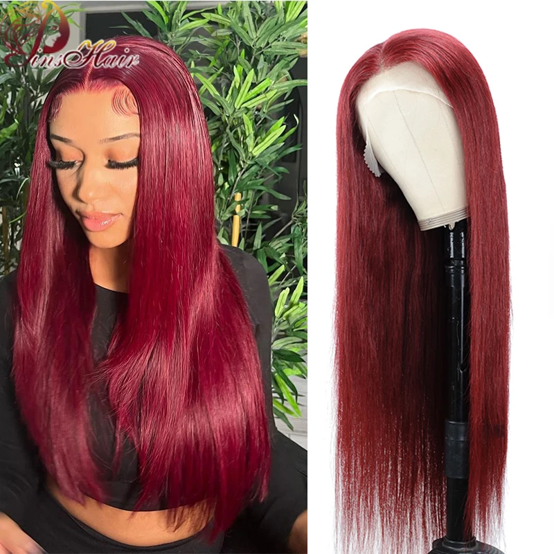 Burgundy 99J Straight Human Hair Lace Front Wig 13×4 Red Lace Frontal Wig Brazilian Remy Colored Human Hair Wig PrePlucked 180%