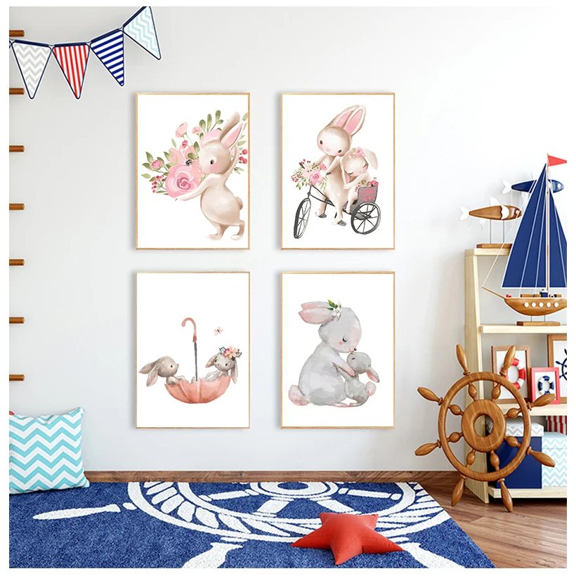 

Bunny Poster Paintings Animals Nursery Wall Art Print Rabbit Canvas Painting Pink Flowers Cartoon Picture Girl Baby Room Decor