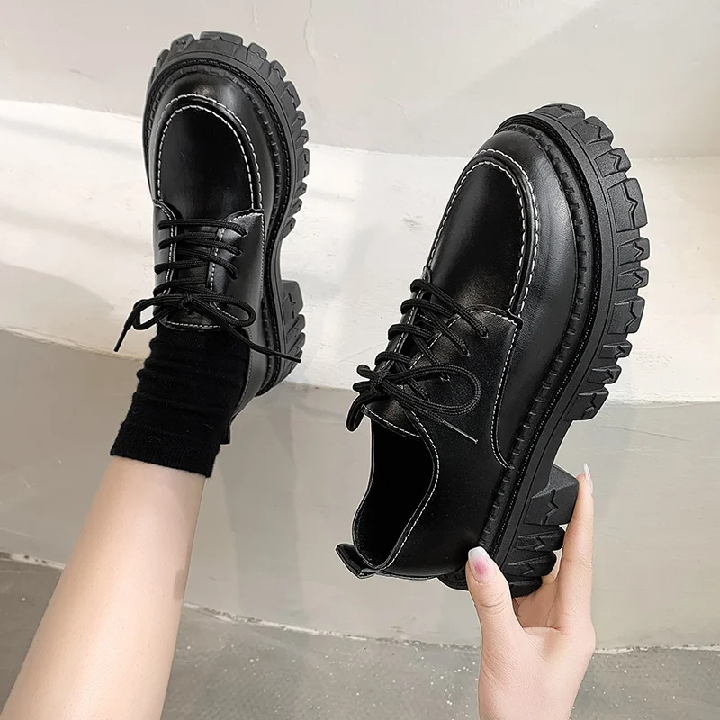 

Oxford Women Shoes Flat on Platform Shoes Lace Up Leather Casual Shoes Thick Sole Lolita Shoes Sewing zapatos mujer Black